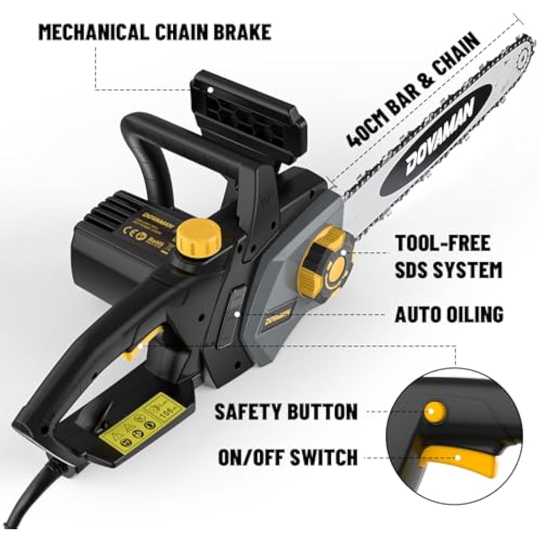 DOVAMAN 2400W Electric Chainsaw – 16 Inch Oregon Bar with 2 Chains