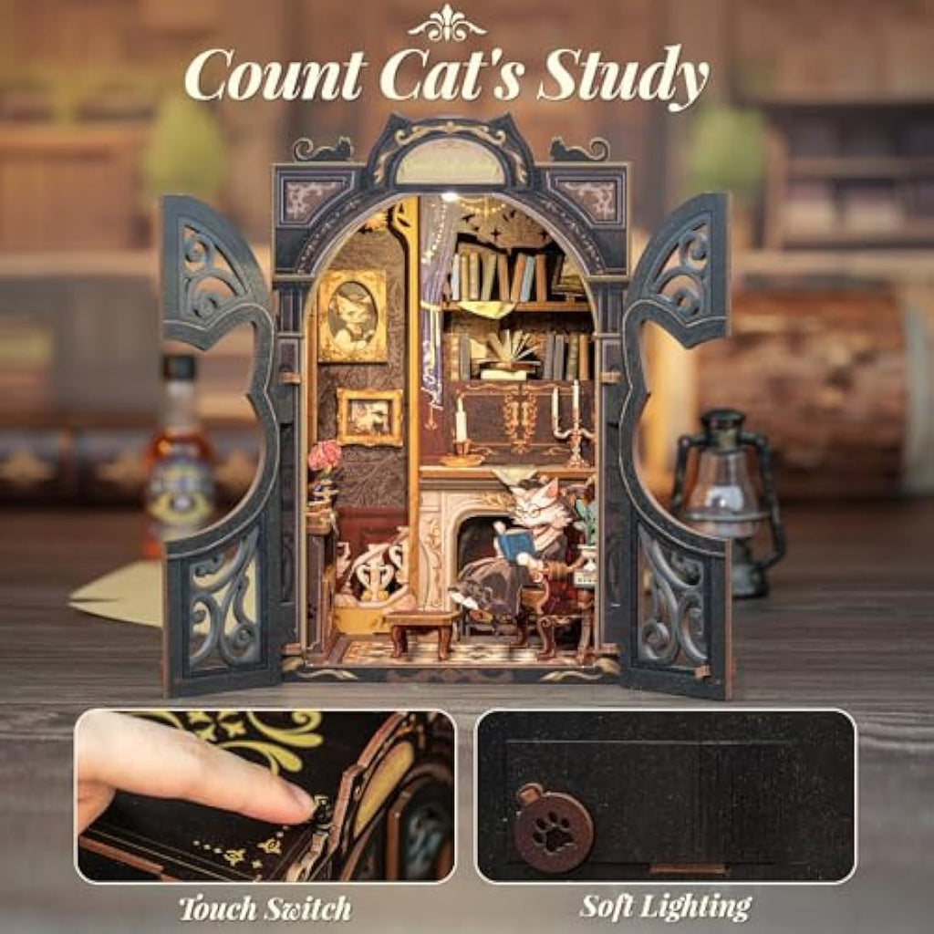 CUTEBEE DIY Book Nook Kit – Count Cat's Study 3D Wooden Puzzle Model