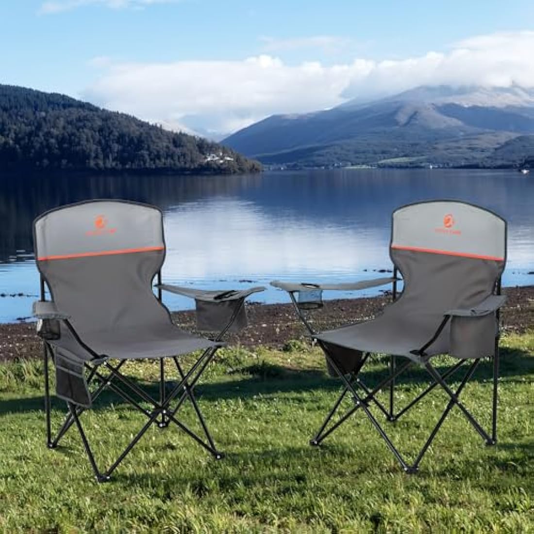 ALPHA CAMP Set of 2 Folding Camping Chairs with Cooler Bag - Grey