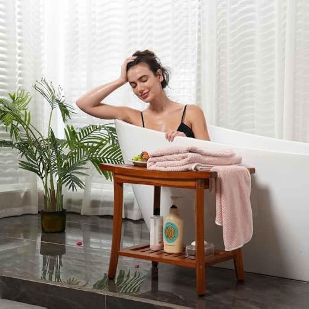 Jolof Store Teak Shower Bench – 2-Tier Waterproof Wooden Spa Stool