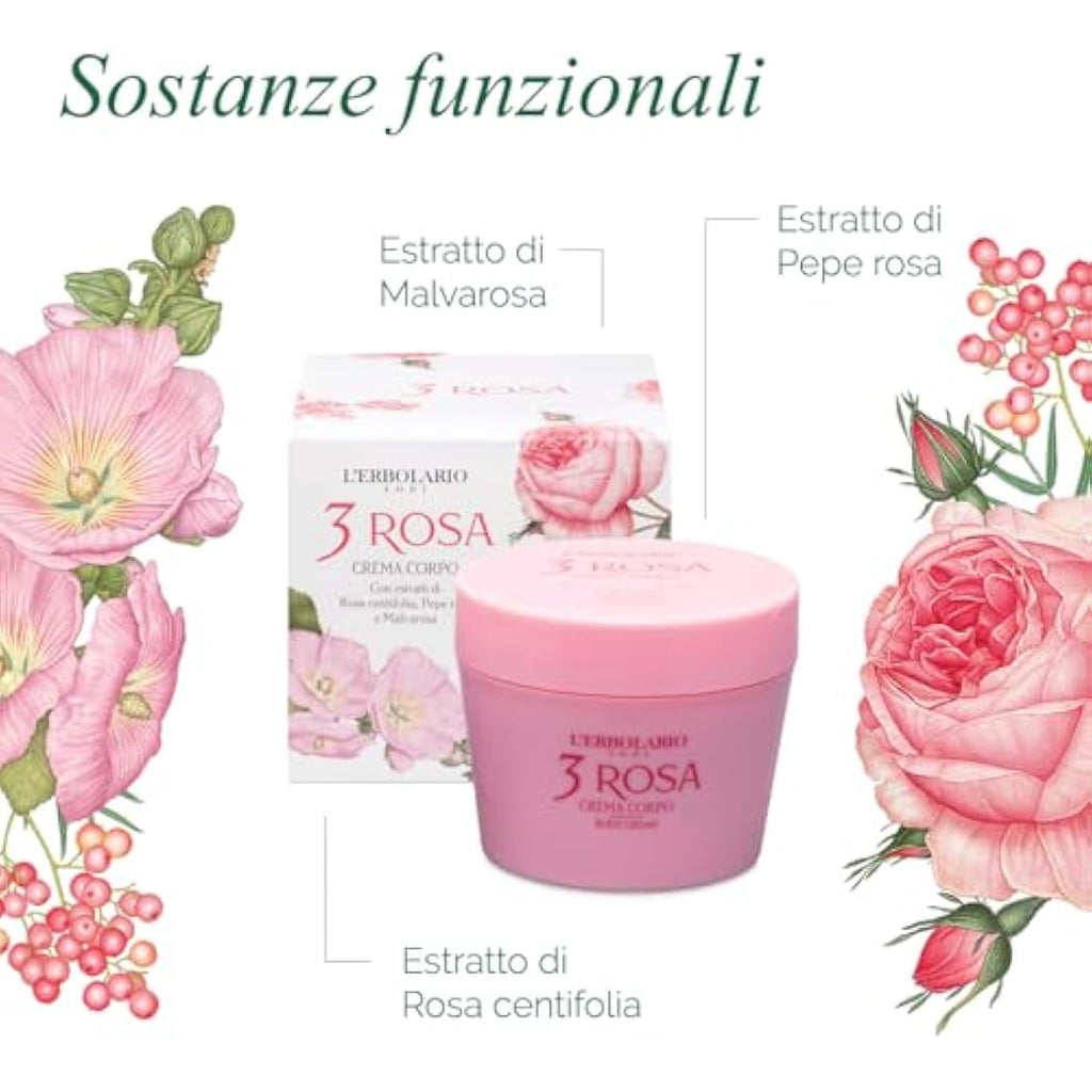 L'Erbolario 3 Rosa Body Cream – Natural Moisturizing Lotion for Sensitive Skin