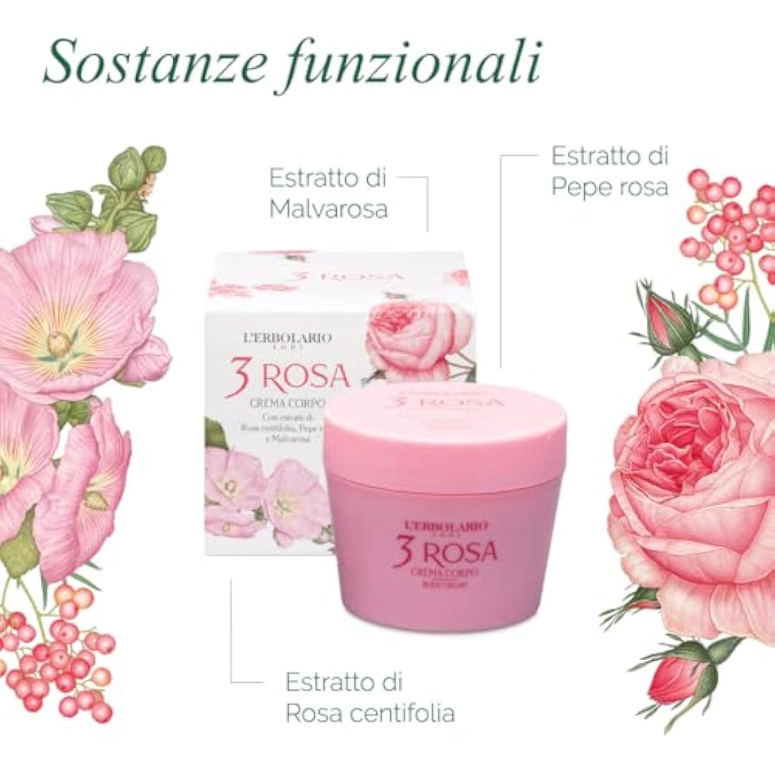L'Erbolario 3 Rosa Body Cream – Natural Moisturizing Lotion for Sensitive Skin