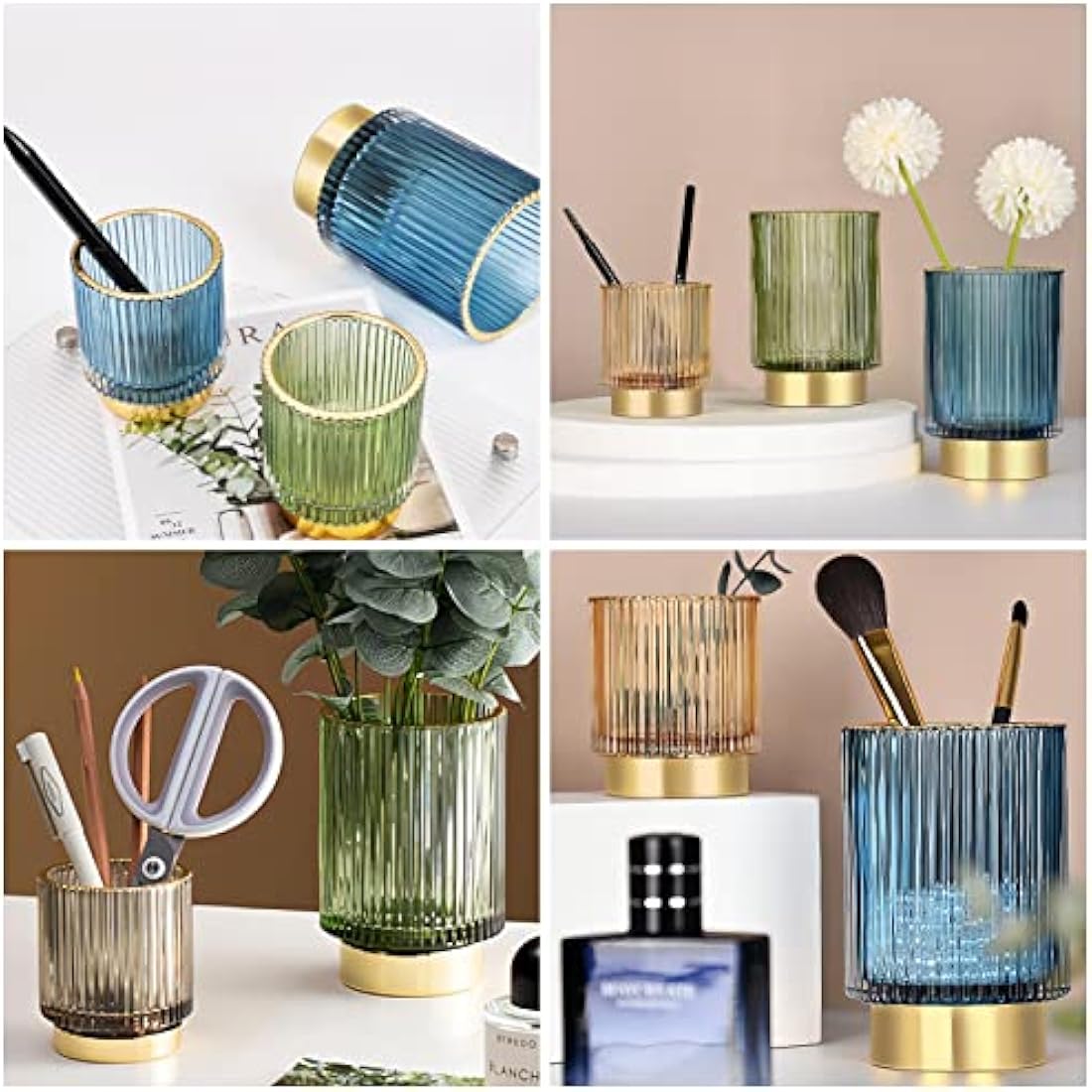 DASITON Glass Makeup Brush Holder – Vintage Striped Cosmetic Organizer, Blue
