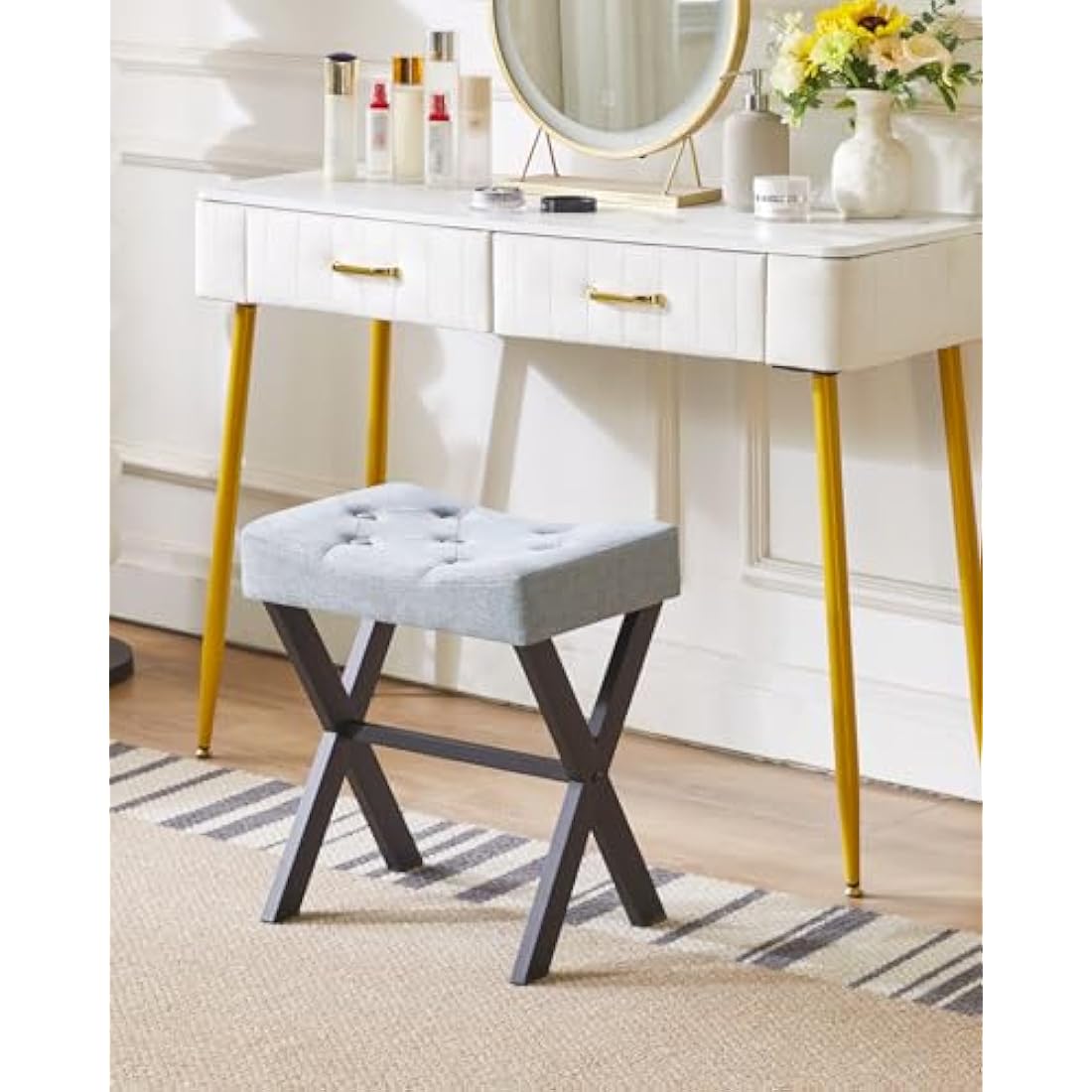 IBUYKE U-Shaped Linen Vanity Stool – Blue Gray Square Makeup Ottoman