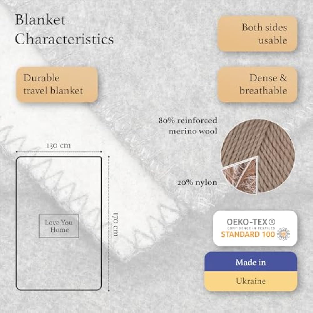 LYHome Merino Wool Travel Blanket – Warm Outdoor Camping Throw, Gray