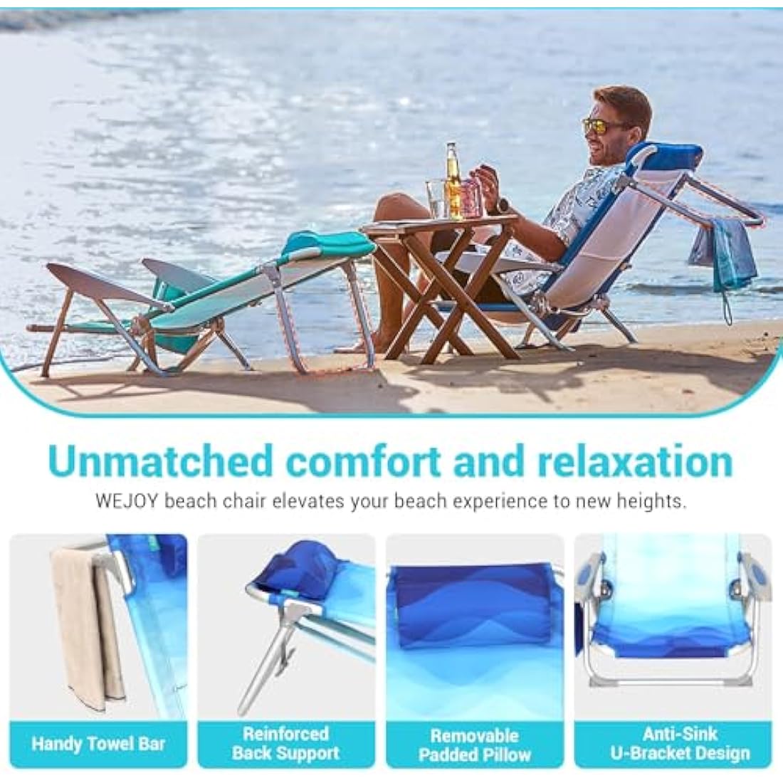 #WEJOY 4-Position Adjustable Beach Chair | Lightweight Aluminum Folding Seat