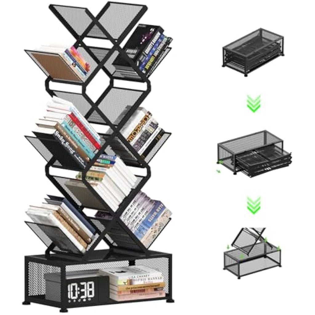 9-Tier Tree Bookshelf – Folding Metal Space Saving Rack