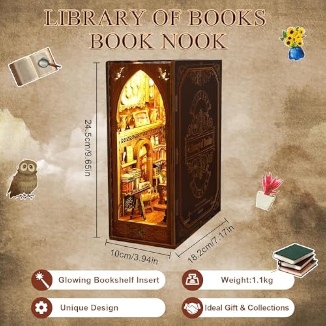 CRIOLPO Library Book Nook Kit – DIY 3D Wooden Puzzle with Sensor LED Light