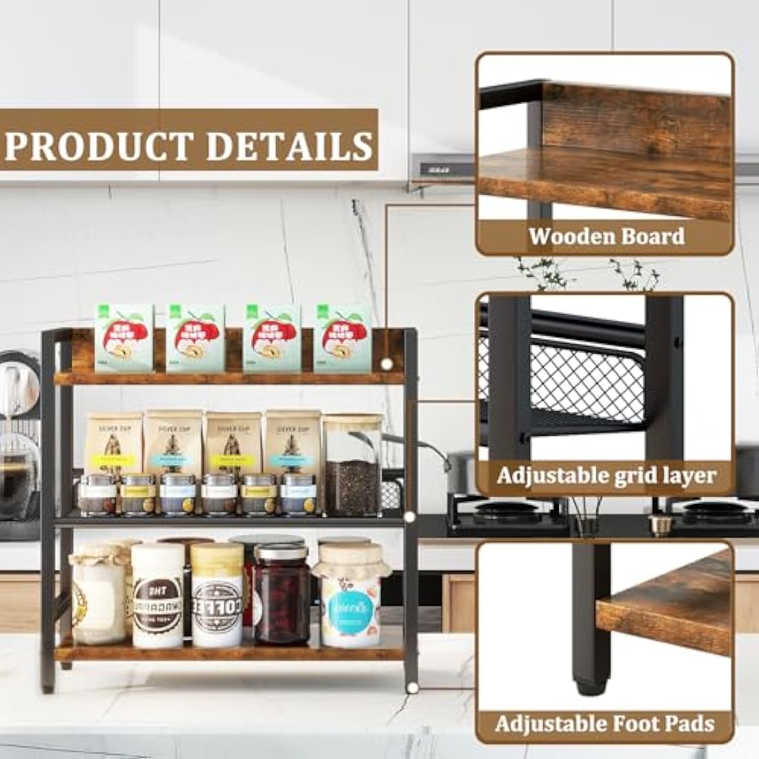 IBUYKE 3-Tier Spice Rack – Industrial Wood & Metal Countertop Organizer