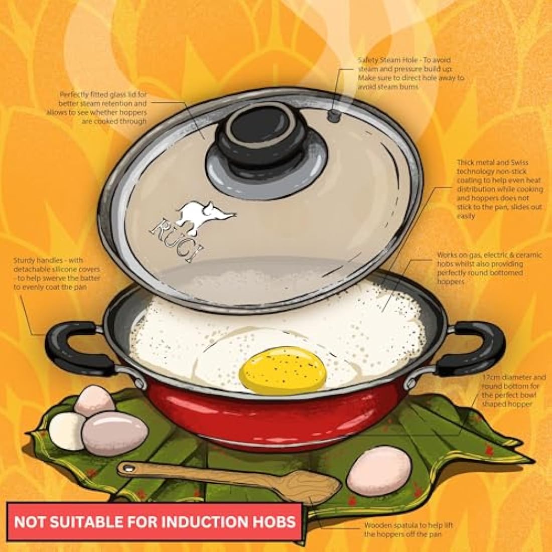 RUCI Non-Stick Hopper Pan with Glass Lid – 20cm Sri Lankan Cookware