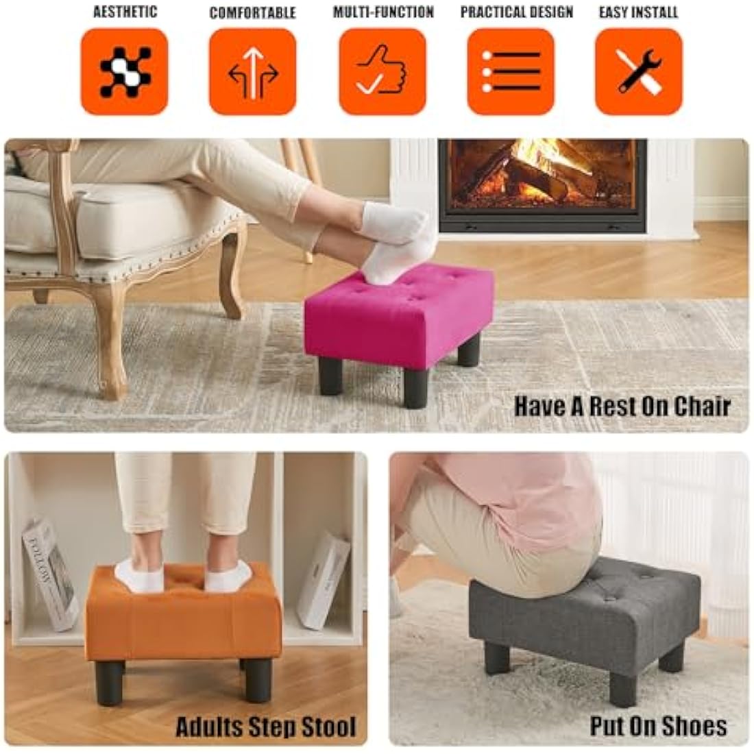 Velvet Footstool – Small Storage Ottoman for Living Room, Rose Red
