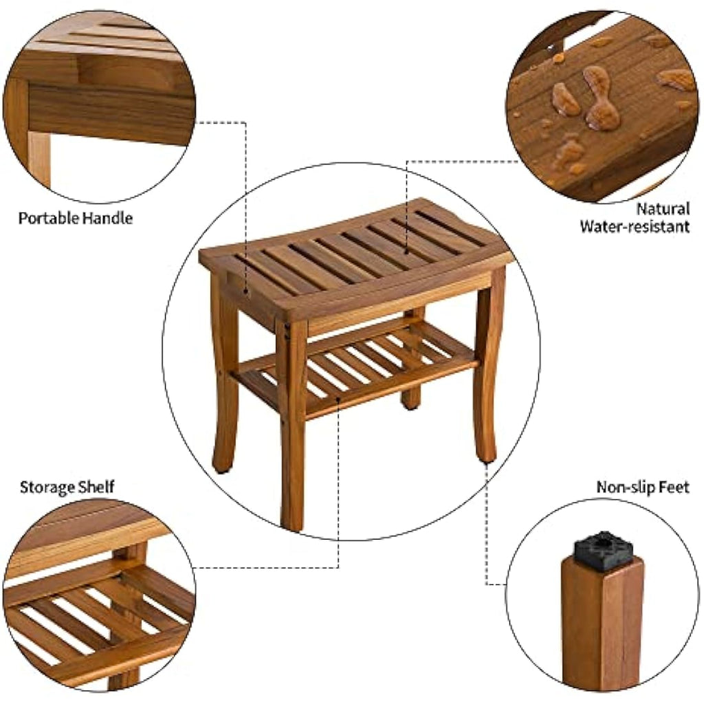 VaeFae Teak Shower Bench – Waterproof Wooden Spa Stool with Shelf