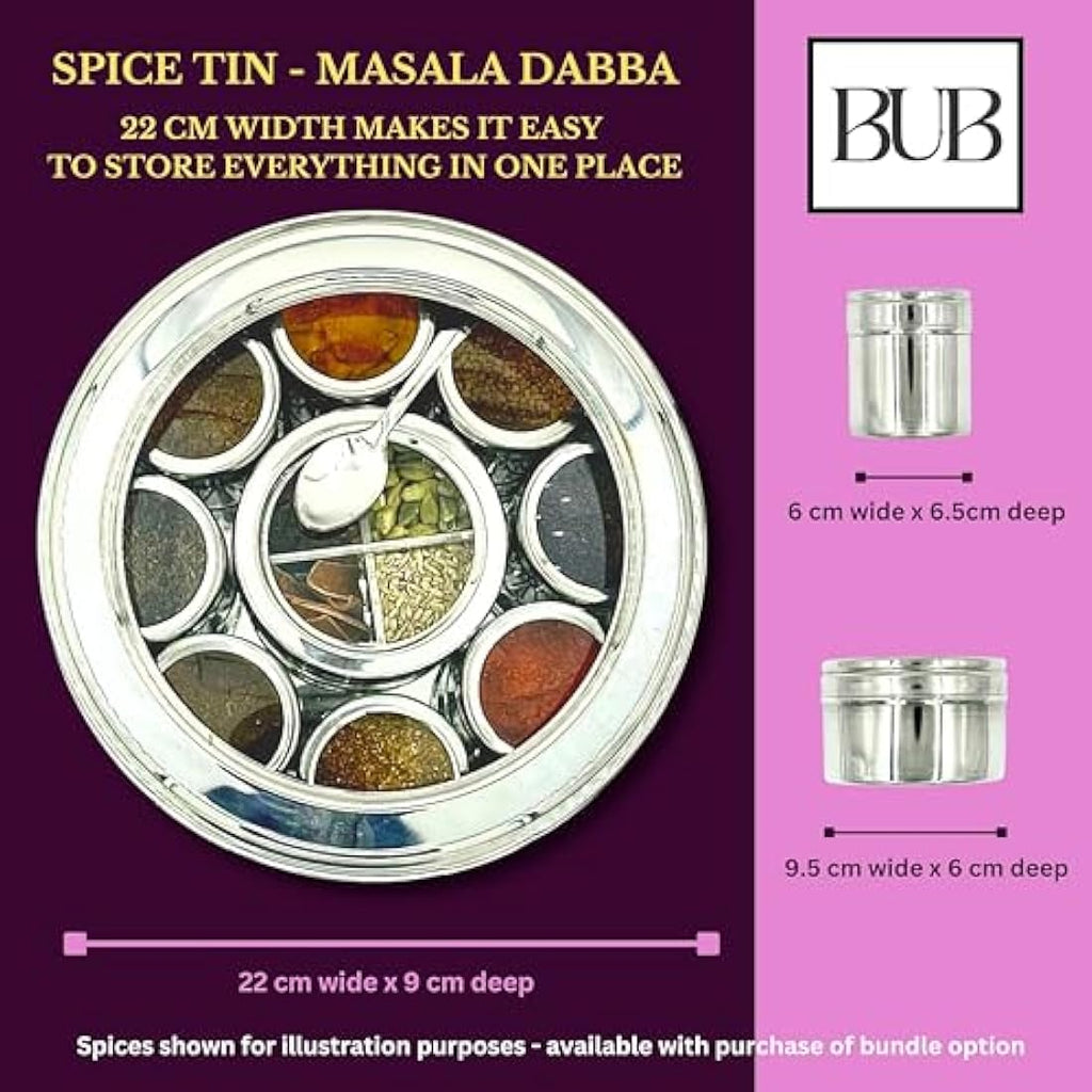 Bub Masala Dabba Spice Tin | 22cm Stainless Steel Box with 9 Jars