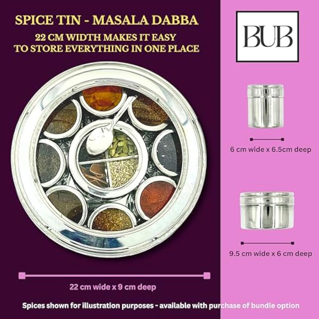 Bub Masala Dabba Spice Tin | 22cm Stainless Steel Box with 9 Jars