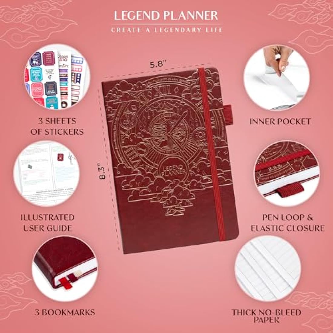Legend Planner Hourly Schedule – Undated A5 Daily Organizer, Wine Red