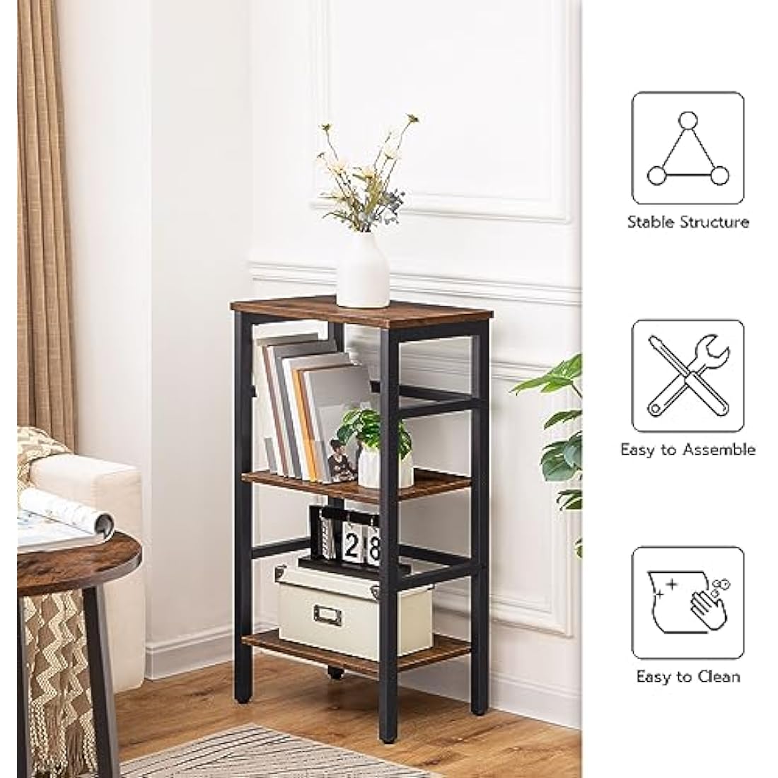 HOOBRO 3-Tier Record Player Stand – Industrial Tall Side Table, Rustic Brown