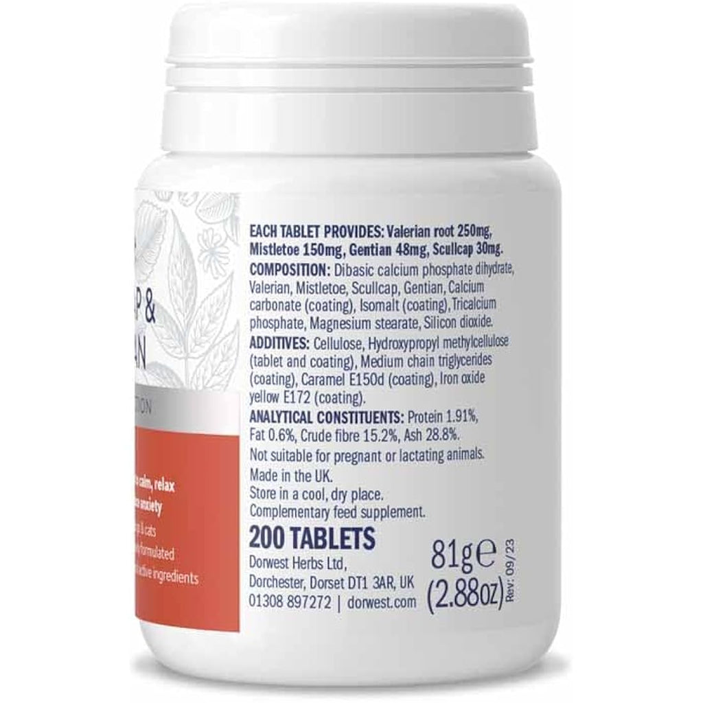 Dorwest Herbs Scullcap & Valerian Calming Tablets for Dogs & Cats, 200ct
