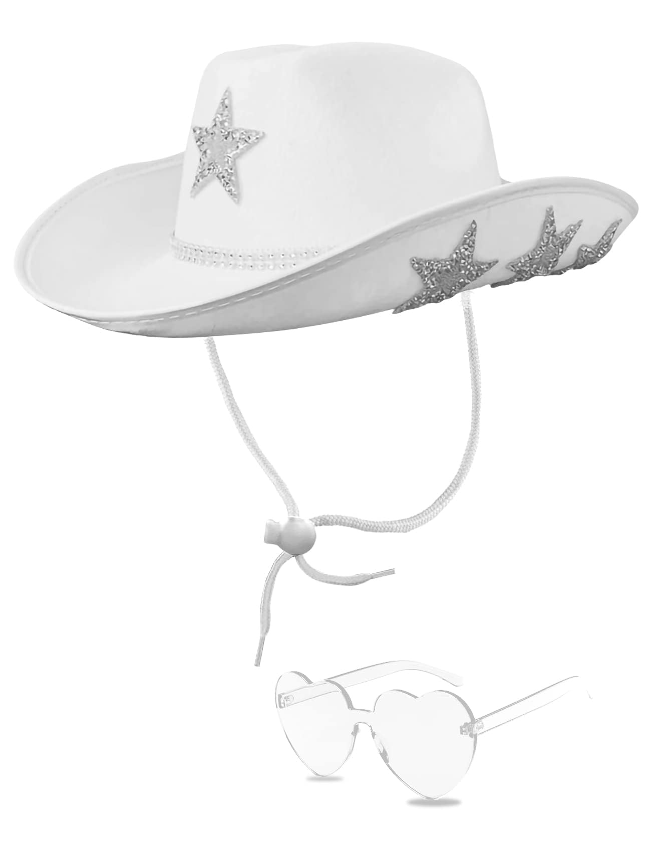 Jolof Store White Cowgirl Hat with Glitter Star and Heart Sunglasses