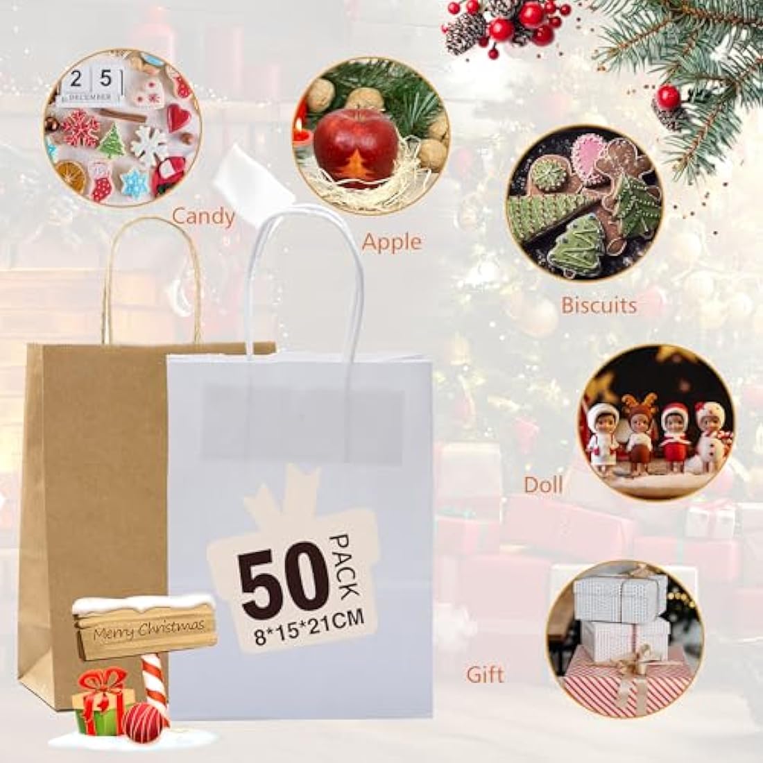 GIFTSAY White Paper Gift Bags with Handles - 50 Pack (15x8x21cm)