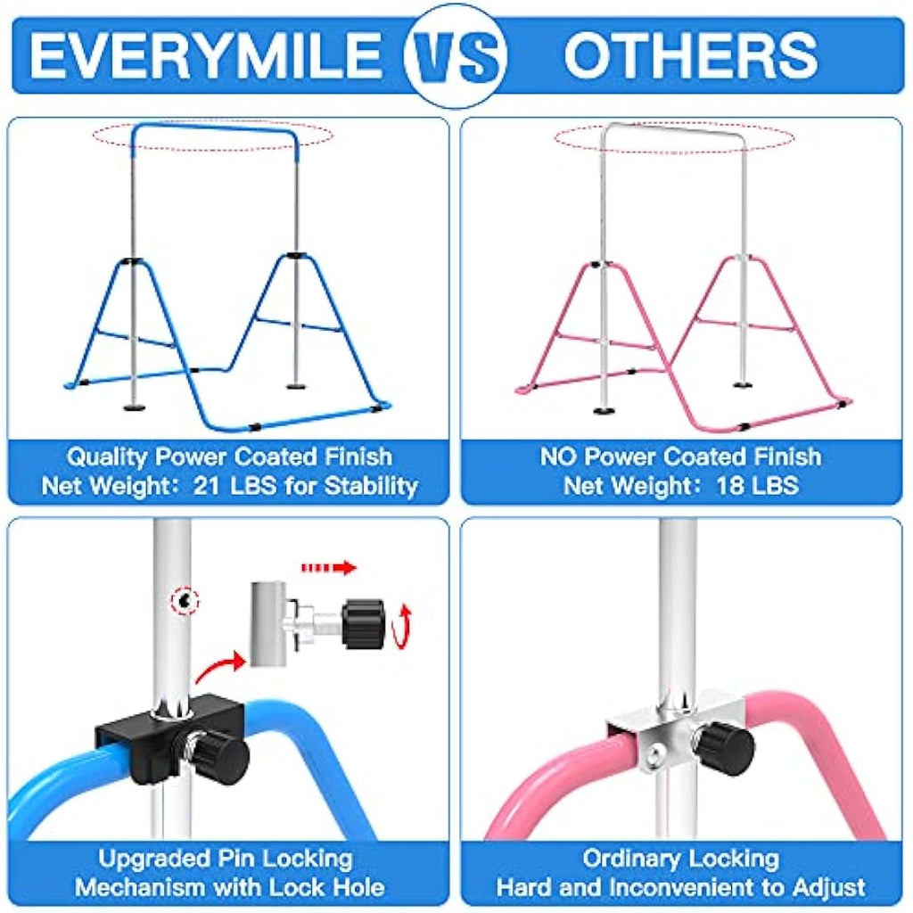 EVERYMILE Gymnastics Bar – Adjustable Folding Kip Bar with Rings for Kids