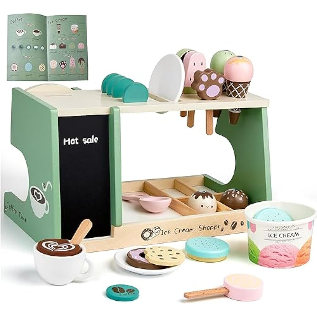 Medoga Wooden Ice Cream Counter & Coffee Maker Toy - 28 Piece Kitchen Set