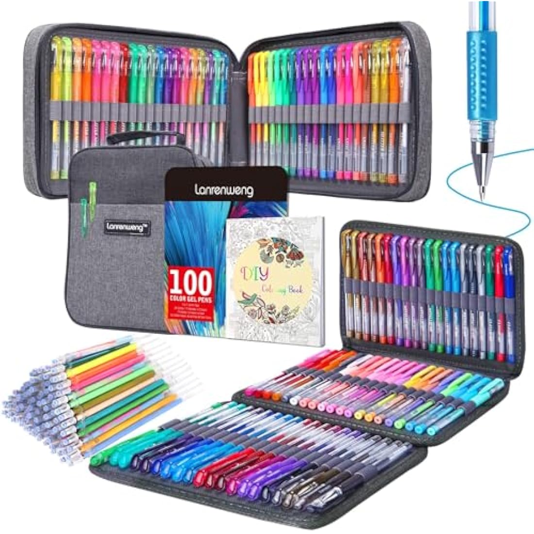 LANRENWENG 200 Pack Glitter Gel Pens Set with 100 Refills and Canvas Bag