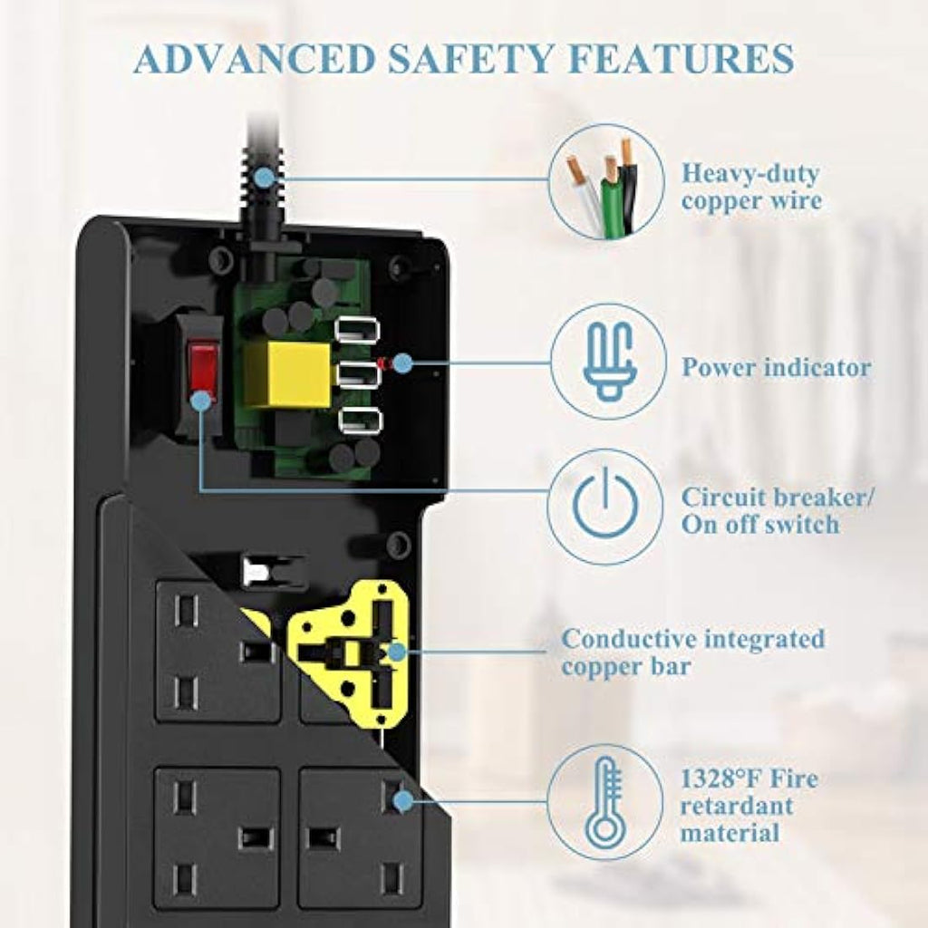 AUOPRO 8-Way Extension Lead with 3 USB Ports | 3M Power Strip, Black