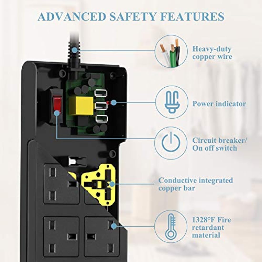 AUOPRO 8-Way Extension Lead with 3 USB Ports | 3M Power Strip, Black
