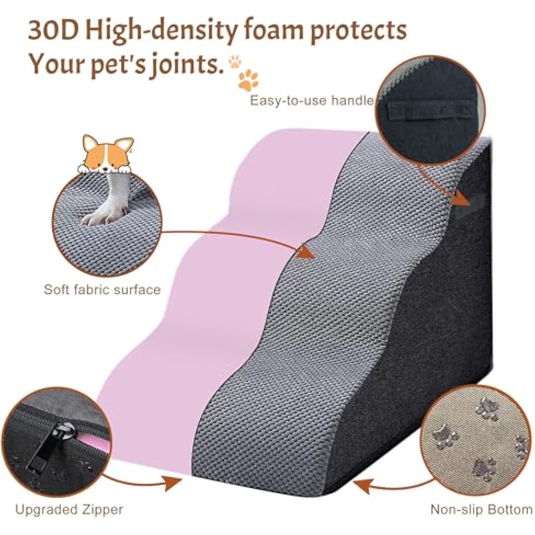 Trhillsbrad 3-Step Foam Dog Stairs – Non-Slip Pet Ramp for Beds
