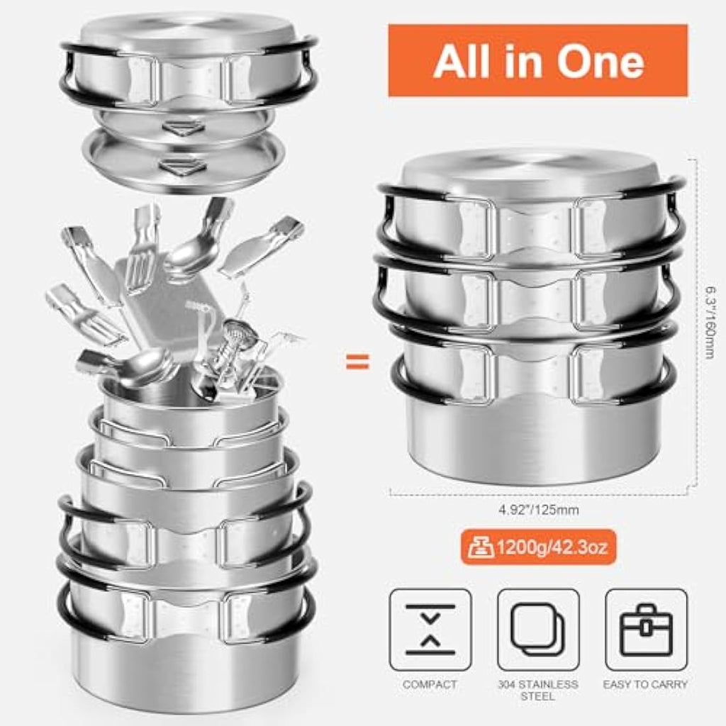 Odoland 13-Piece Stainless Steel Camping Cookware Kit with Stove
