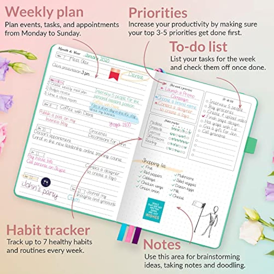 GoGirl Undated Weekly Planner – Compact Goal Organizer & Journal, Emerald