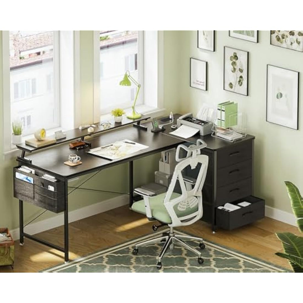 ODK L-Shaped Corner Desk with Drawers, Power Outlets & Monitor Stand