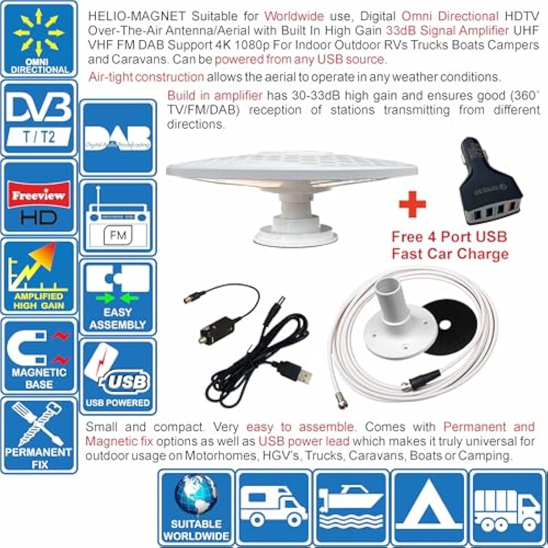 Unispectra HELIO Omnidirectional Digital TV Aerial - 33dB High Gain 12V/24V