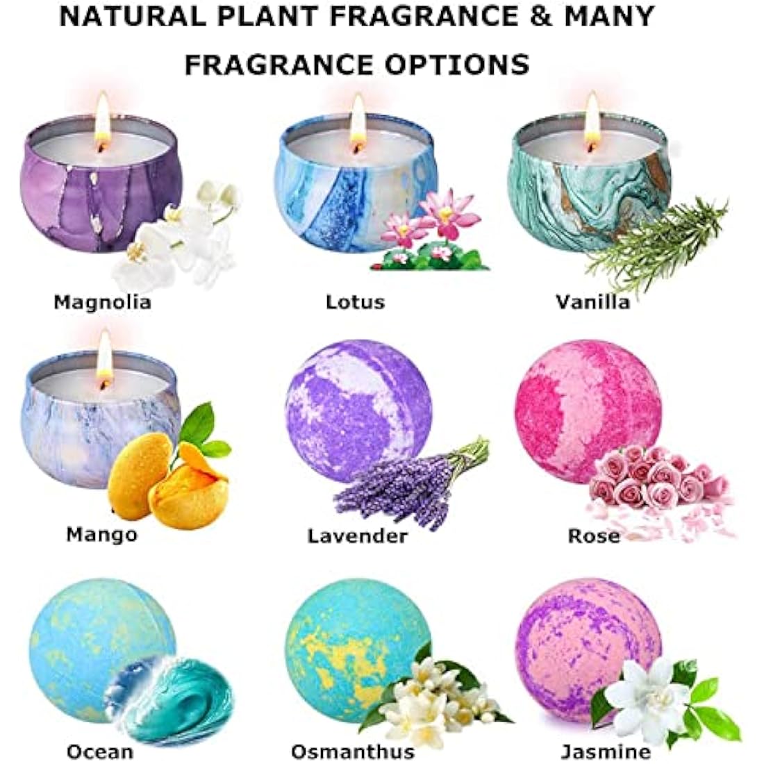 OFUN Spa Gift Set – 5 Bath Bombs and 4 Scented Soy Candles for Women