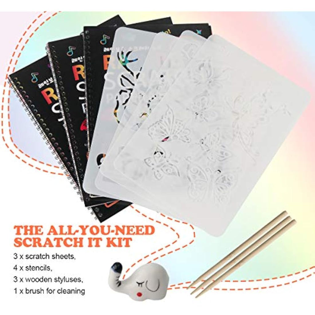 Mocoosy Rainbow Scratch Art Notebooks – 3 Pack Magic Drawing Pads for Kids