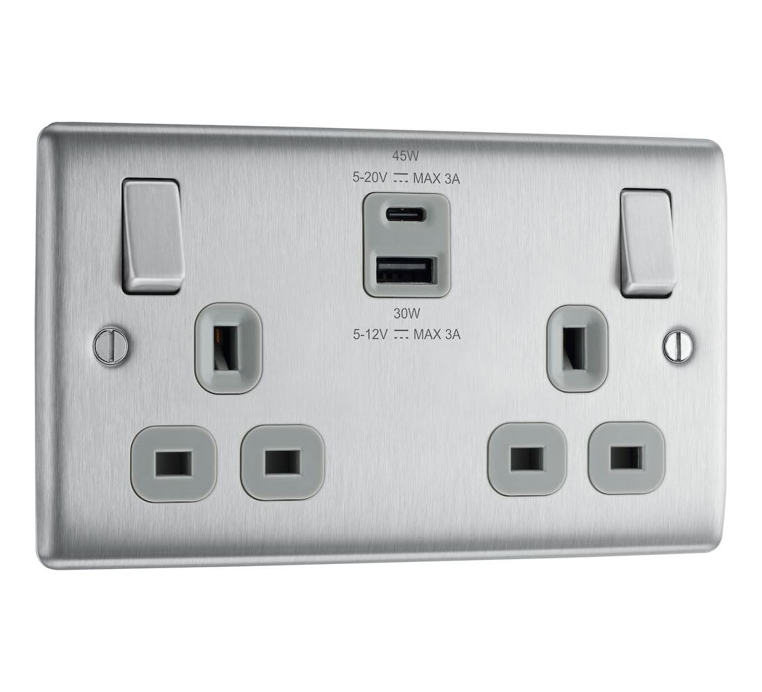 BG Electrical 45W Double Wall Socket | Brushed Steel USB A & C