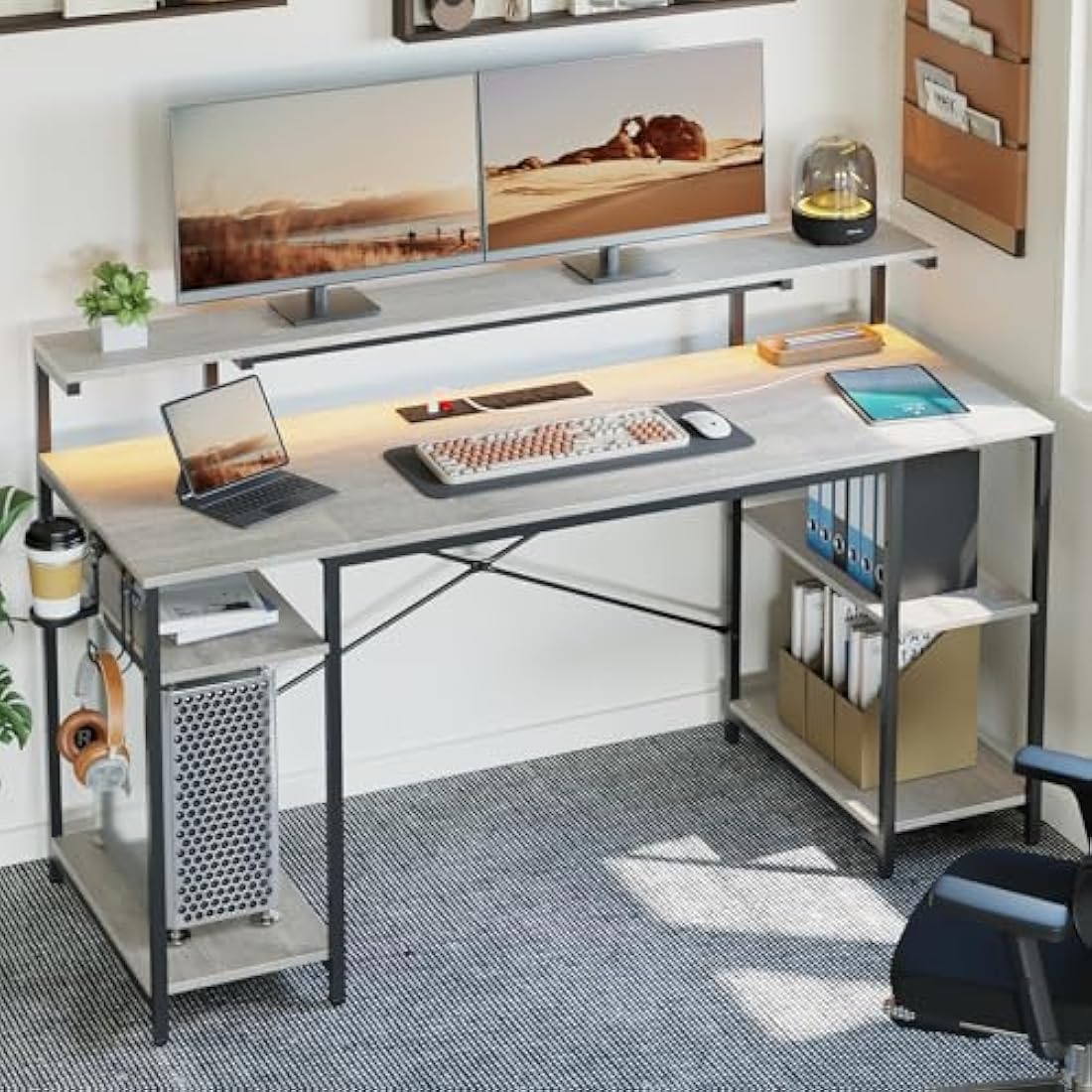 Bestier 140cm Gaming Desk with LED Lights, Power Outlets & Monitor Shelf