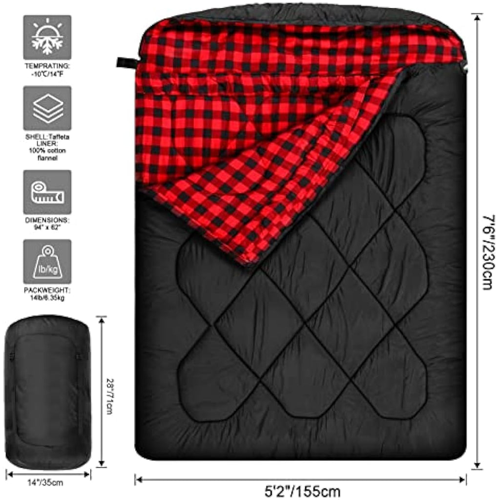 Double Sleeping Bag | 0 Degree Winter Queen Size Cotton Flannel