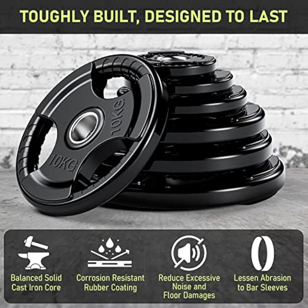 PhysKcal Olympic Weight Plates | Rubber Coated Cast Iron Tri-Grip Discs