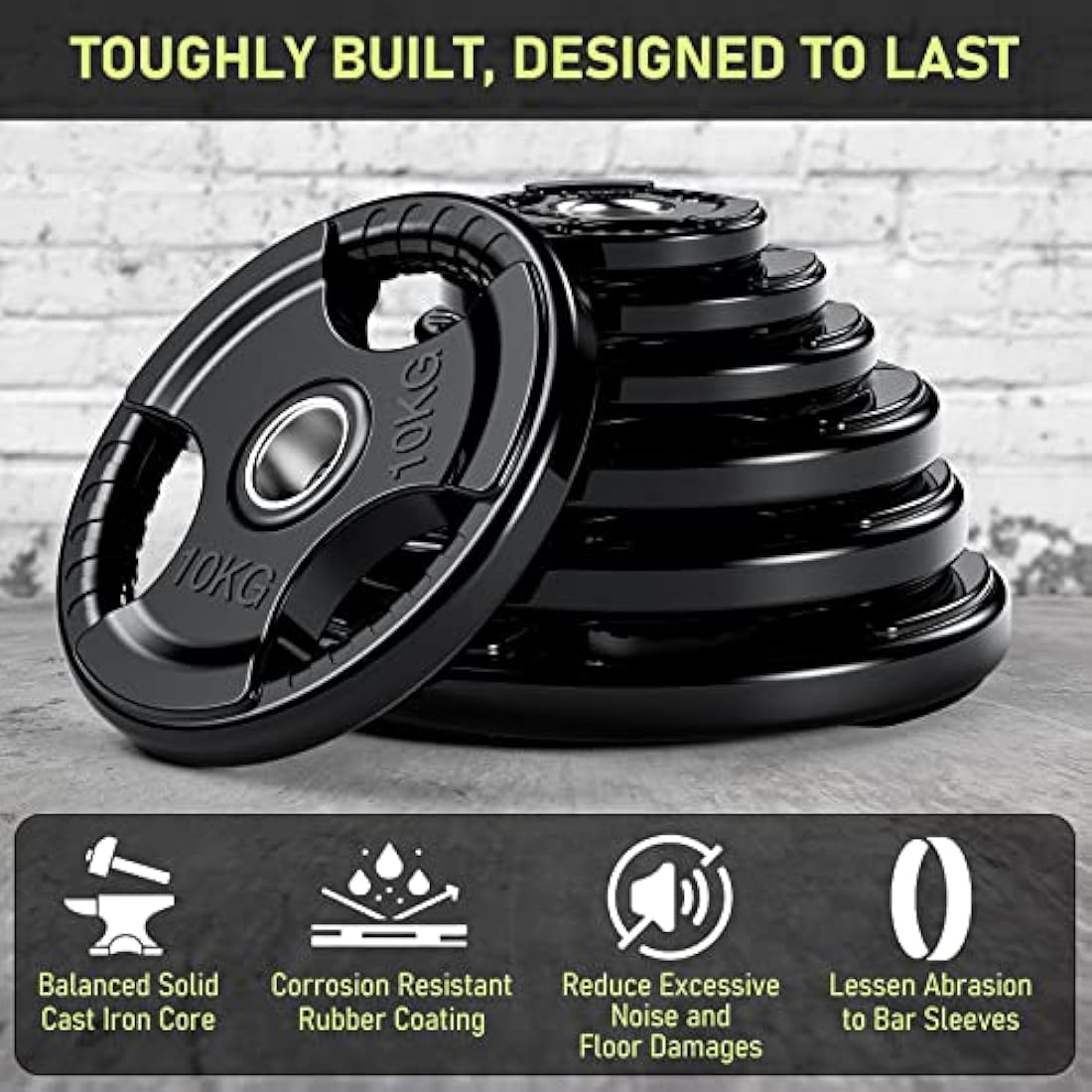 PhysKcal Olympic Weight Plates | Rubber Coated Cast Iron Tri-Grip Discs