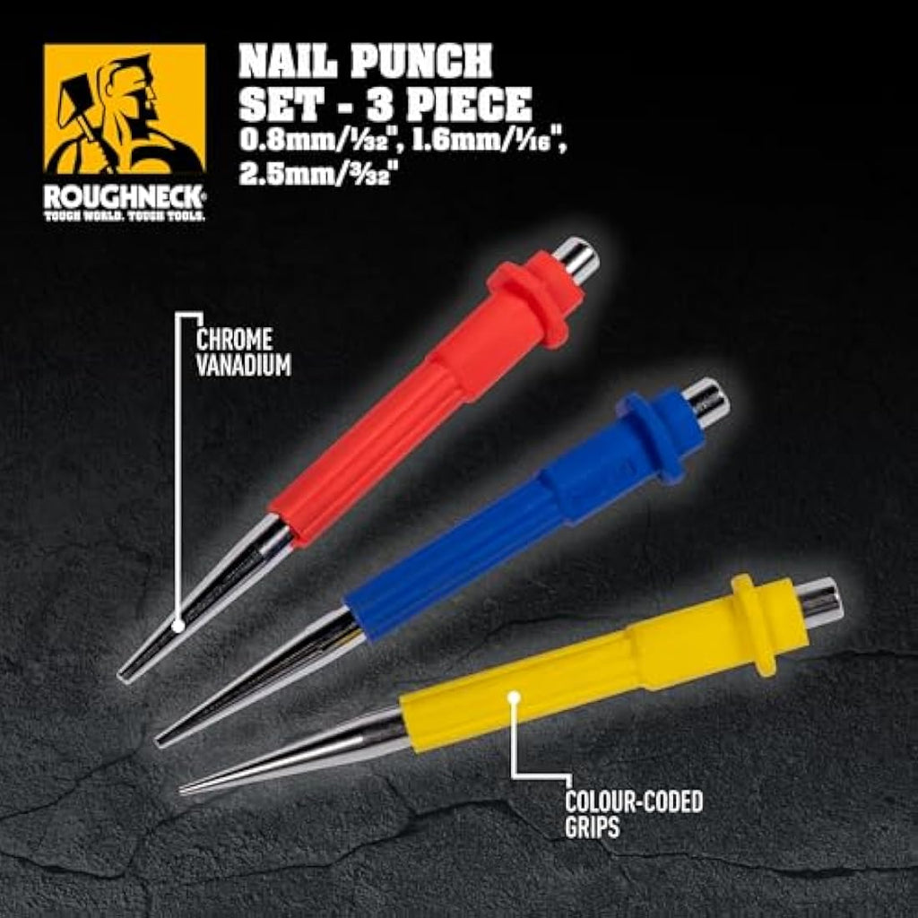 Roughneck 3-Piece Nail Punch Set | Hardened Steel with Color Coded Grips