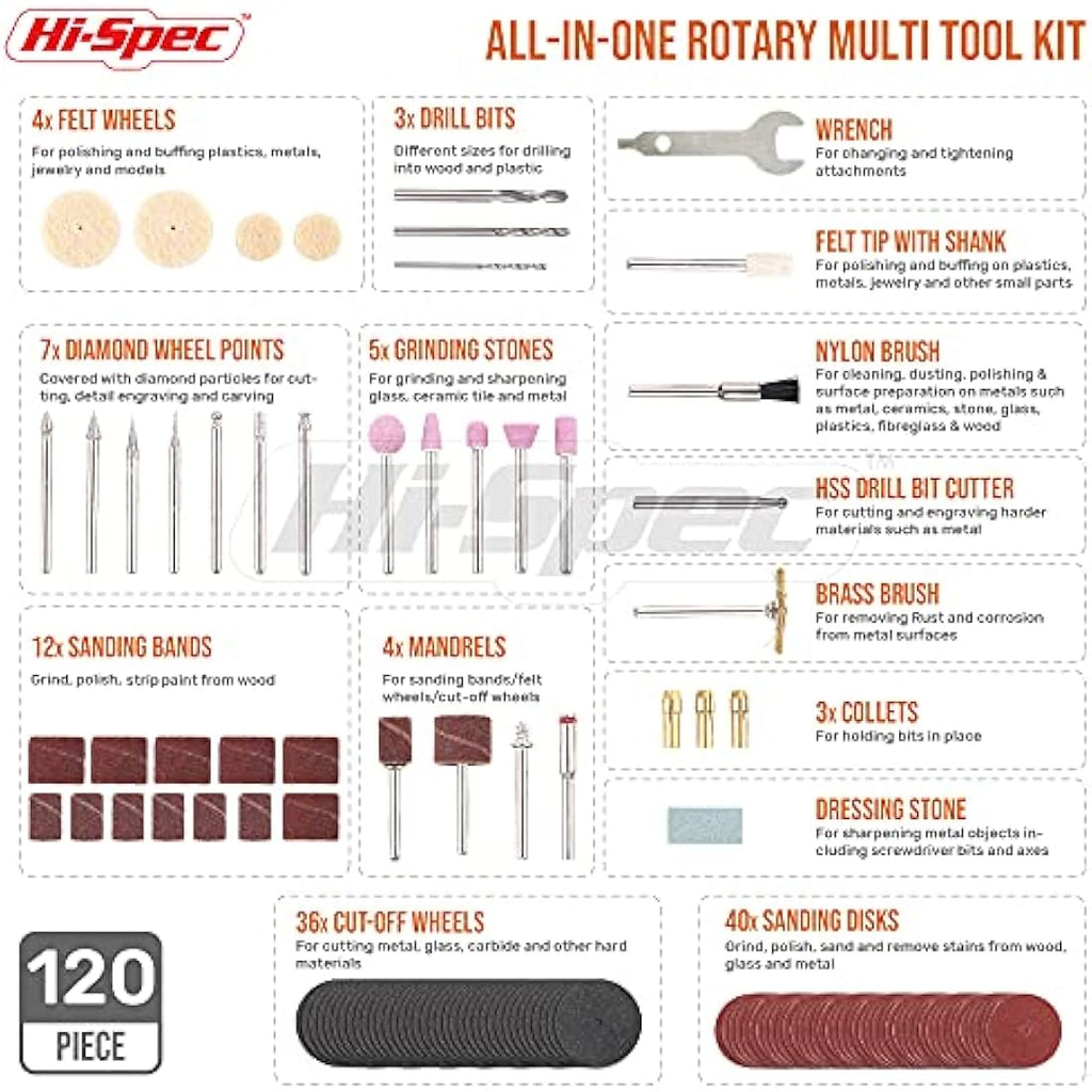 Hi-Spec 170W Rotary Tool Kit | 121 Piece Dremel Compatible Set