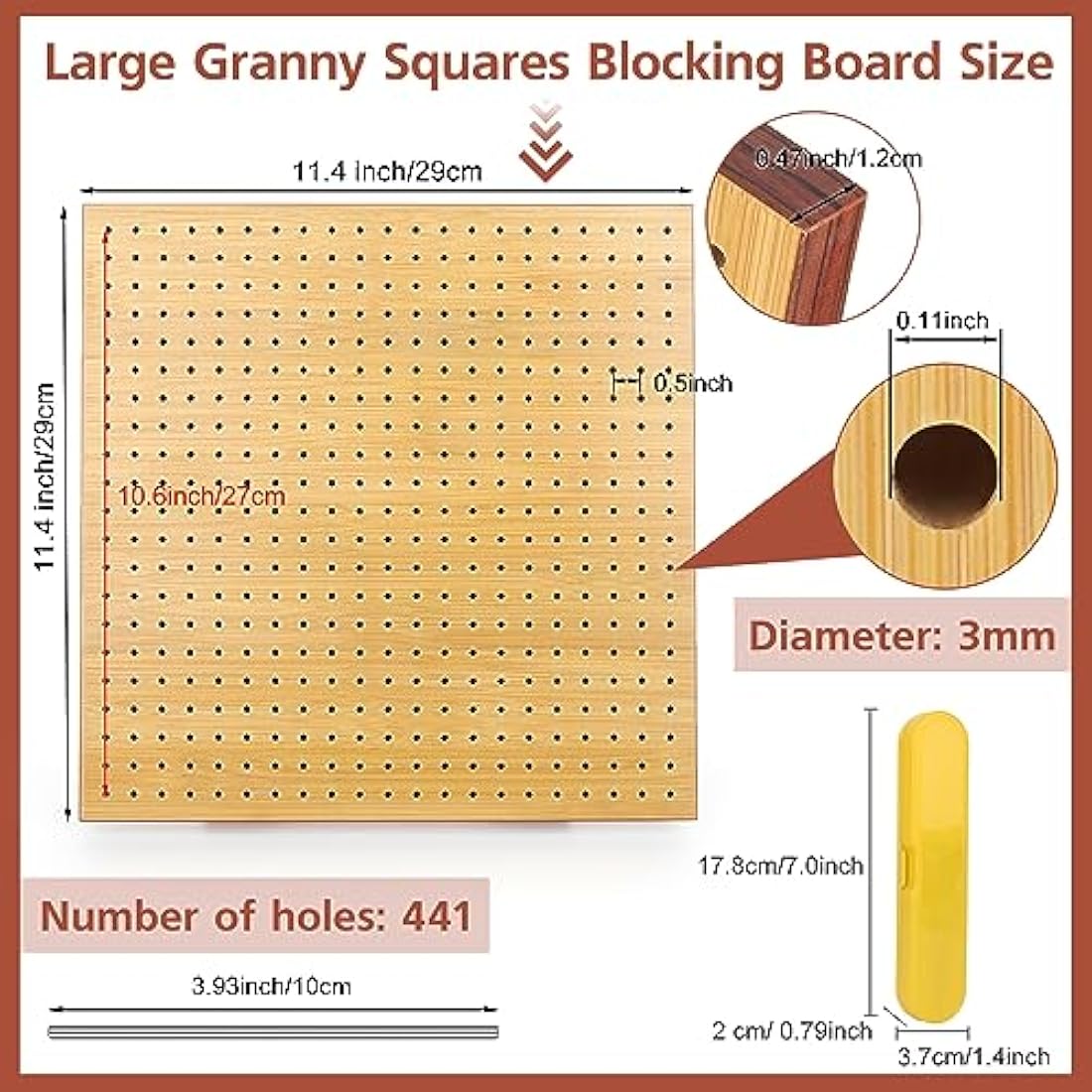 Aeelike 11" Bamboo Crochet Blocking Board with Pins for Granny Squares