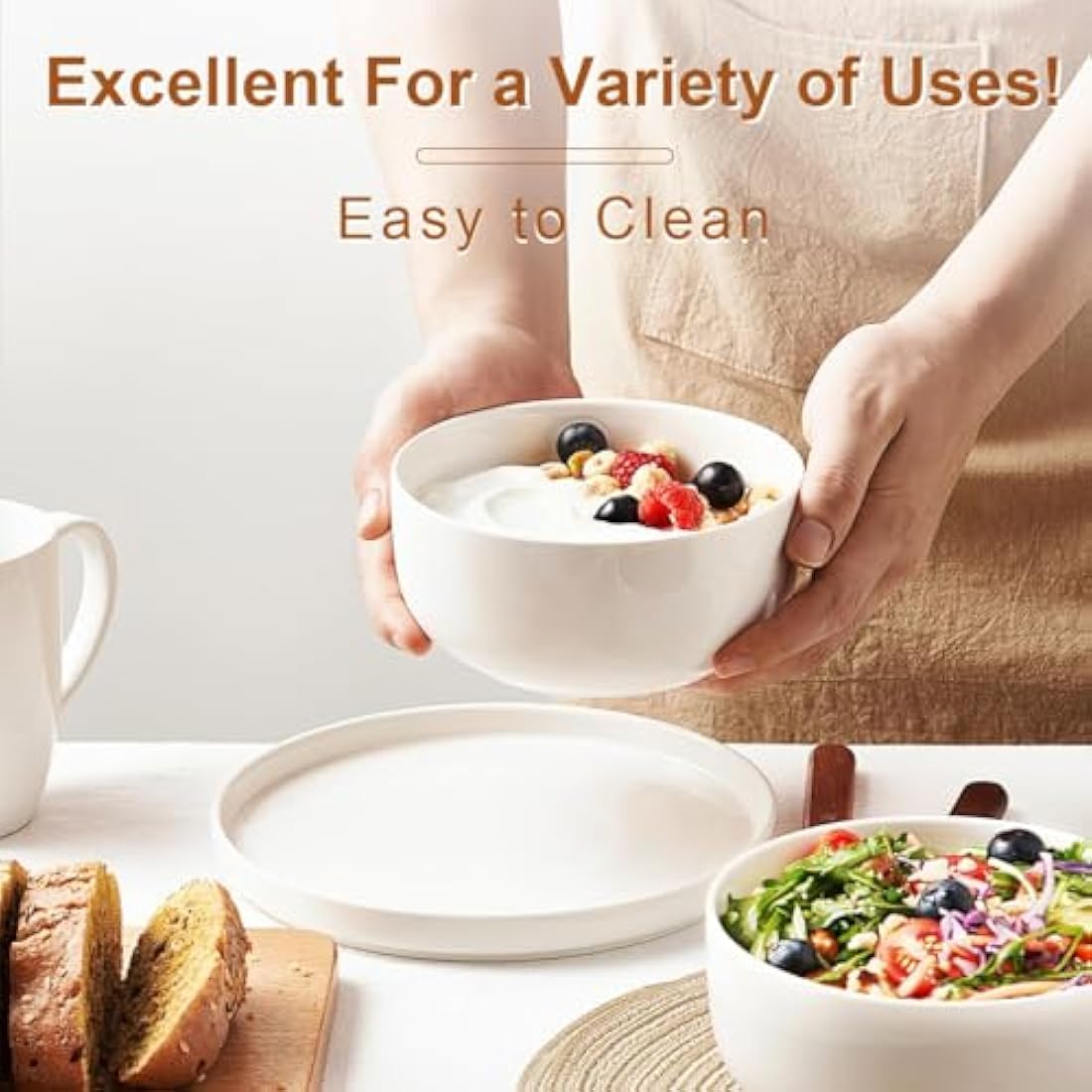 Jassceram 6-Inch Ceramic Cereal Bowls - 28oz White Porcelain Set of 6