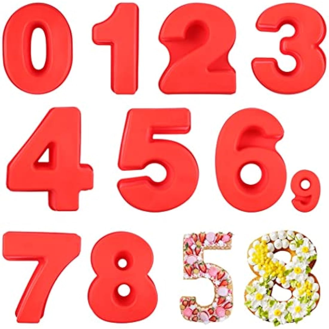 SWEWARM 10 Inch Number Cake Pans - 9 PCS Large Silicone 3D Molds, Red