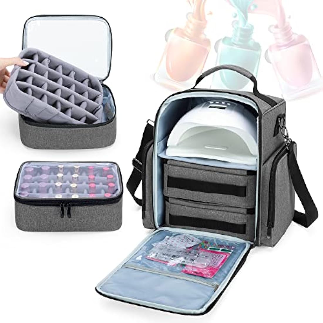 BAFASO Nail Polish Organiser – Large Case for 48 Bottles and Lamp, Grey