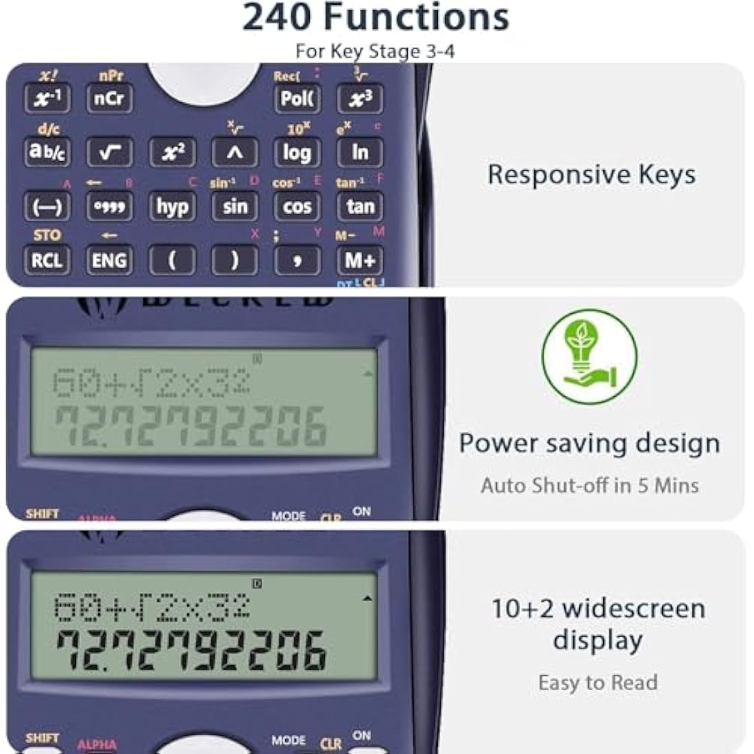 WECKEW Scientific Calculator – 240 Functions & 2-Line LCD – Navy Blue