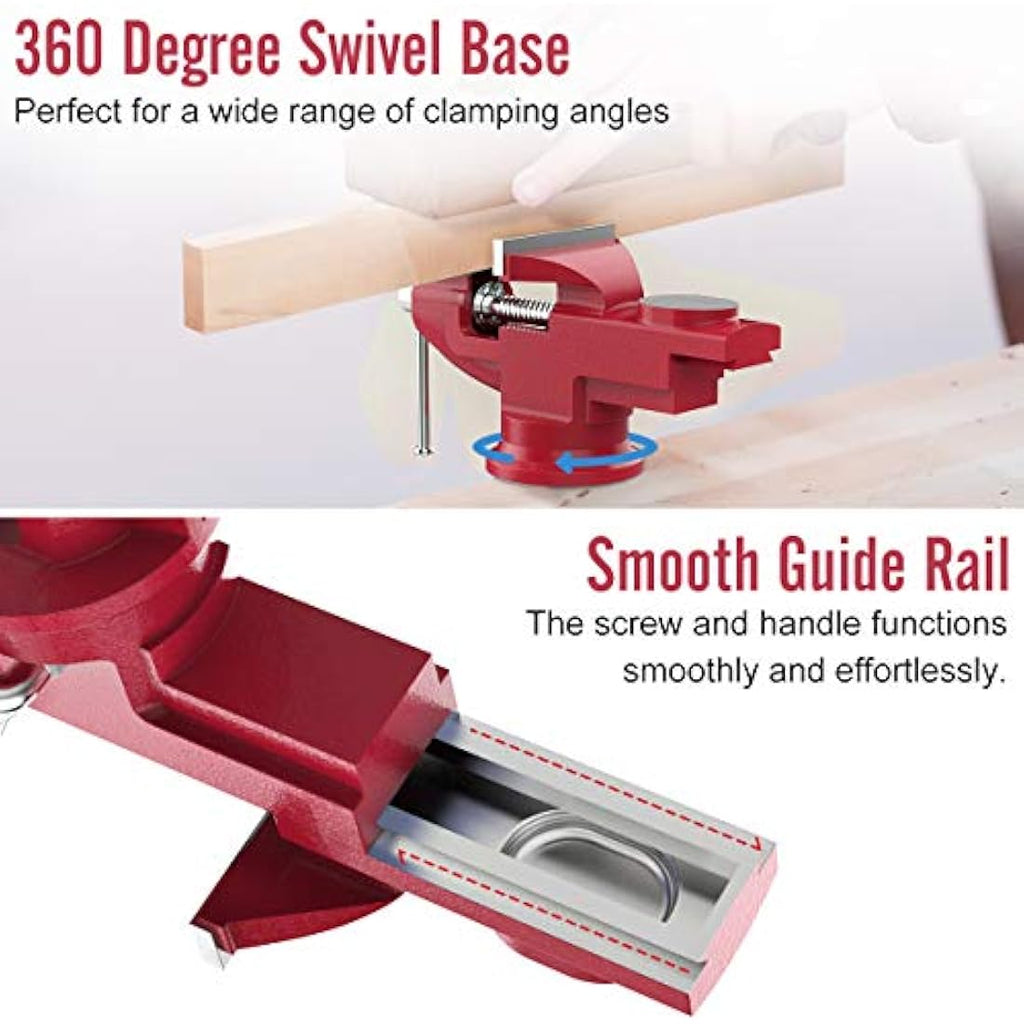 Housolution 3-Inch Universal Table Vise | 360° Swivel Bench Clamp - Red