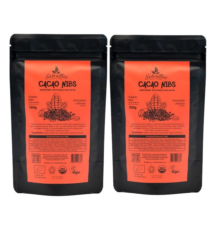 SelvaBio Organic Raw Cacao Nibs with Yacon & Panela - 200g (2x100g)