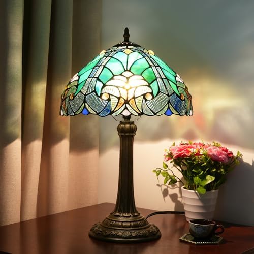 Blivuself Tiffany Table Lamp | 12" Green Stained Glass Antique Desk Light